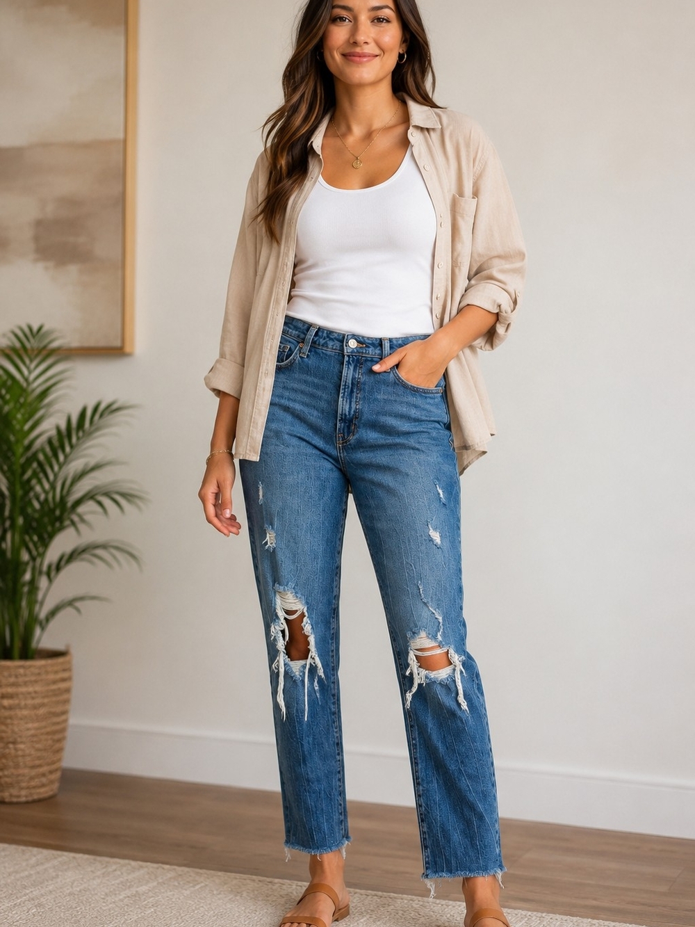 Old Navy Distressed Straight-Leg Tall Jeans in Blue Denim